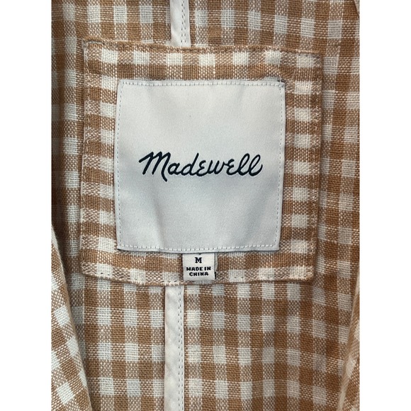 Madewell Gingham Linen Blend Blazer Jacket Tan White Women's Size M - Picture 2 of 5